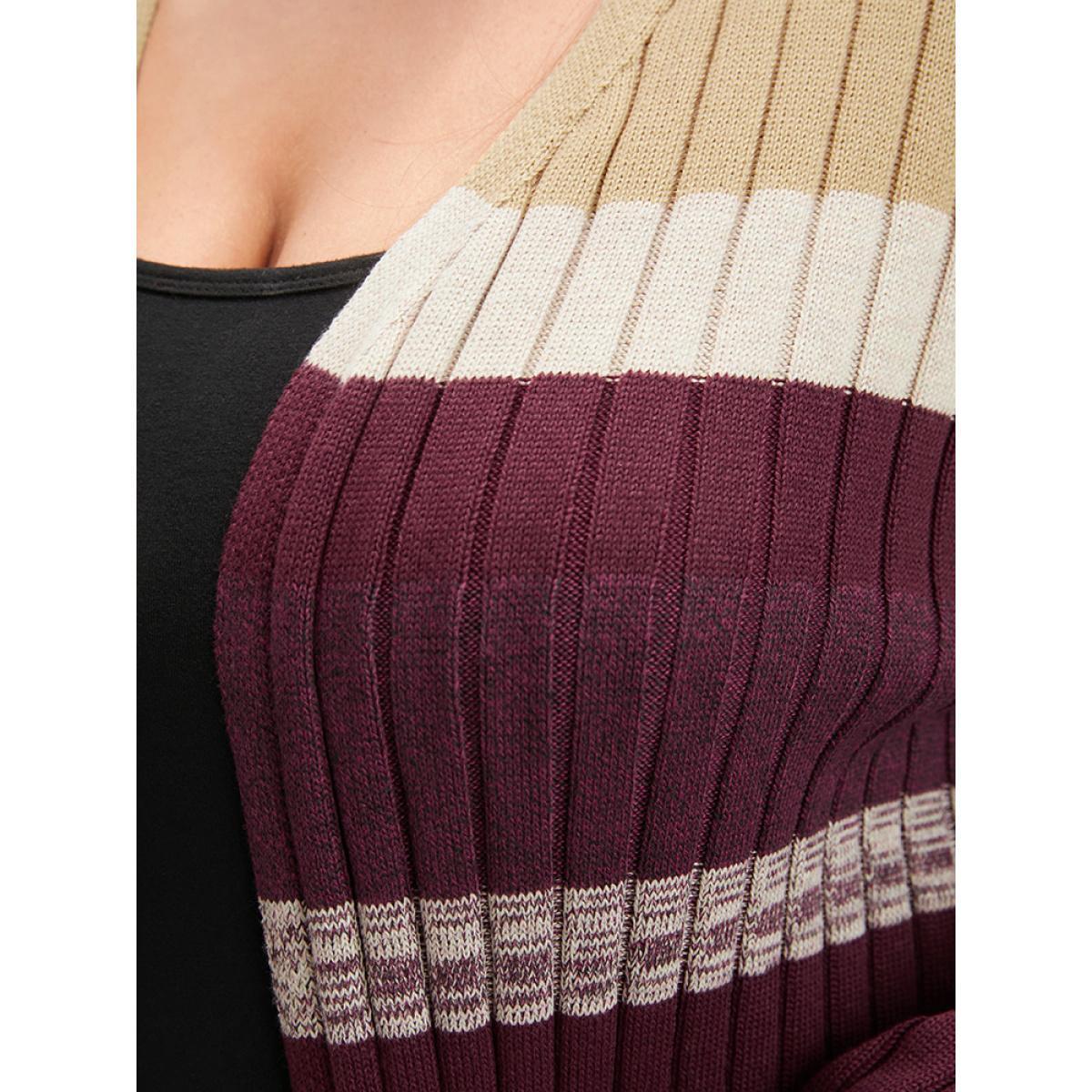 Plus Size Colorblock Contrast Super Soft Rib Knit Pocket Open Front Cardigan Burgundy Women Casual Long Sleeve Dailywear Cardigans BloomChic 30/6X Product Image