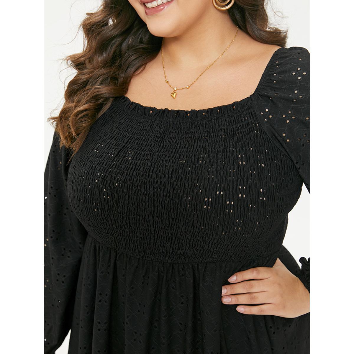 Plus Size Plain Square Neck Laser Cut Lantern Sleeve Dress Black Women Elegant Elastic cuffs Square Neck Long Sleeve Curvy Midi Dress BloomChic 18-20/2X Product Image