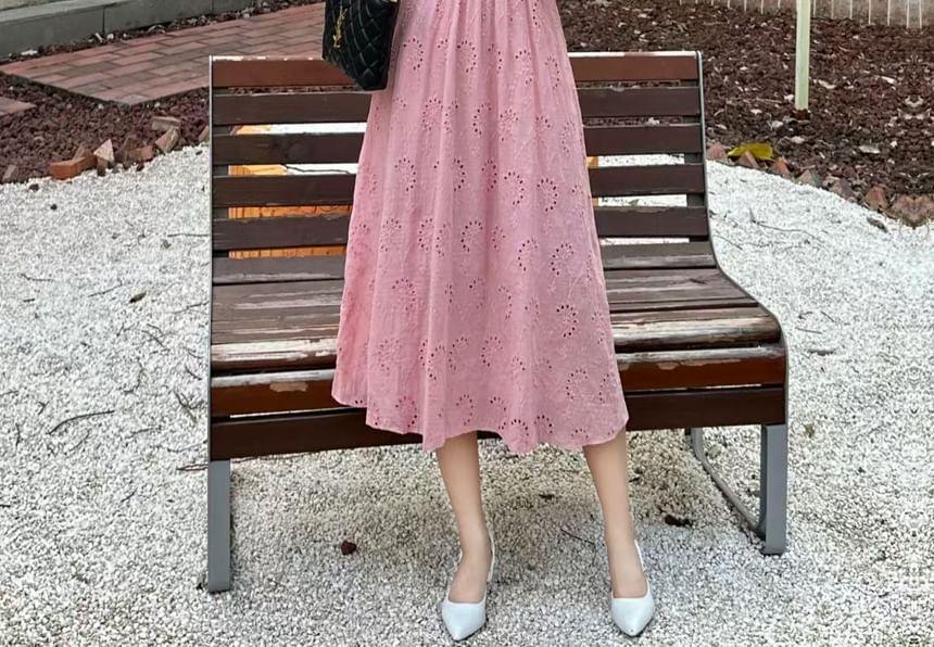 Short-Sleeve V-Neck Flower Embroidered Midi A-Line Dress Product Image