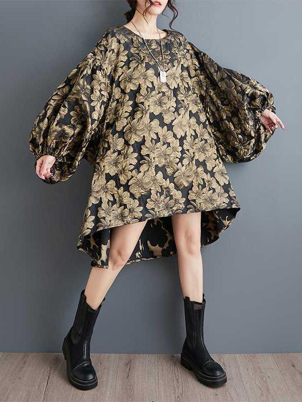 A-Line High-Low Elasticity Flower Print Jacquard Round-Neck Midi Dresses Product Image