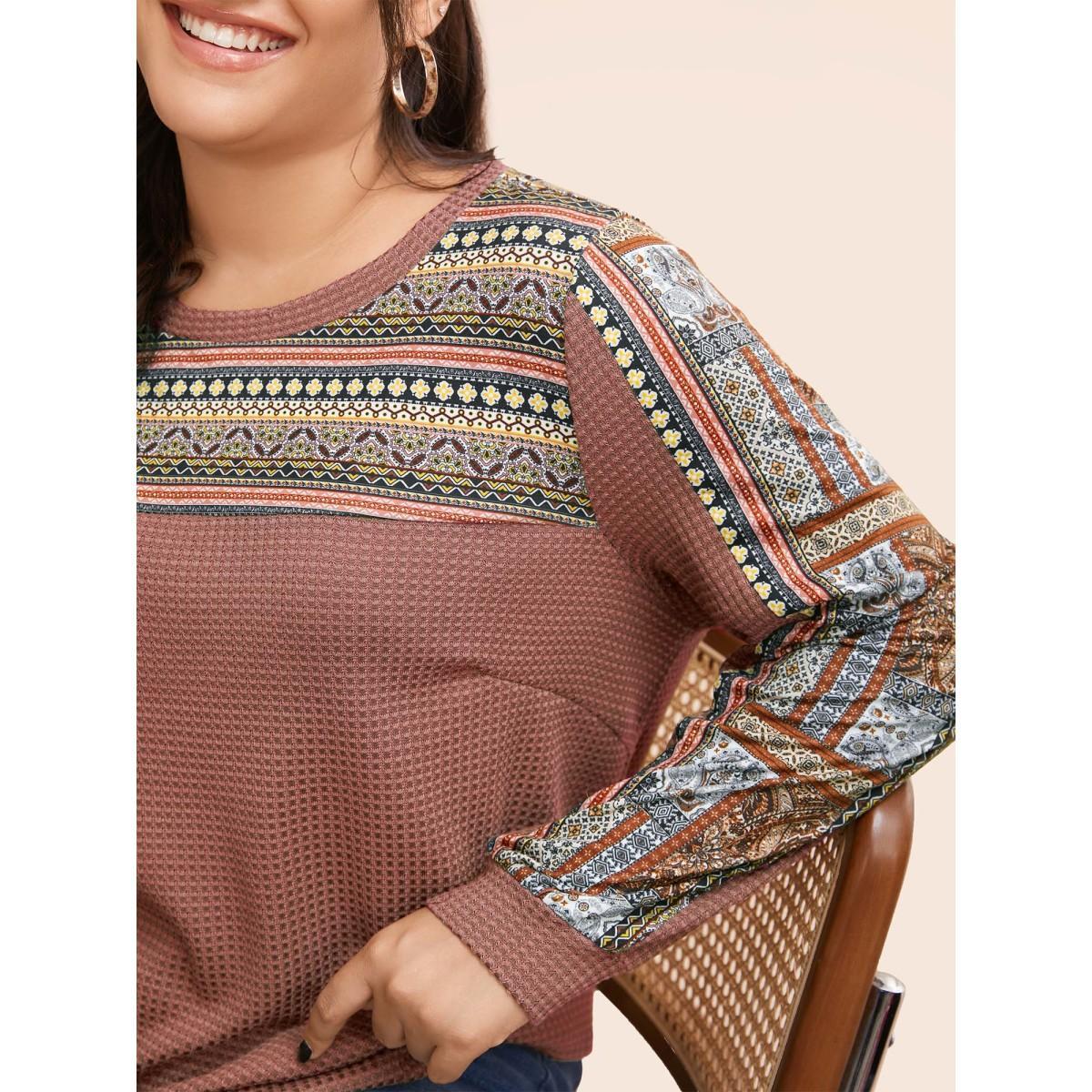 Plus Size Boho Print Patchwork Waffle Knit Crew Neck Sweatshirt Women ArmyGreen Casual Elastic cuffs Round Neck Dailywear Sweatshirts BloomChic 30/6X Product Image