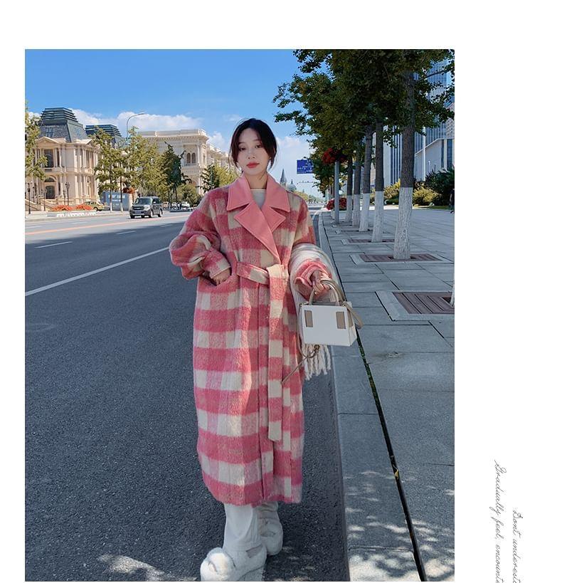Lapel Collar Plaid Tie Waist Long Coat Product Image
