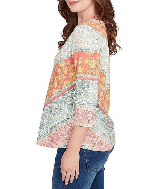 Ruby Rd. Knit Floral Chevron V-Neck 3/4 Sleeve Top Product Image
