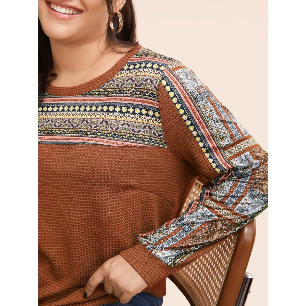 Plus Size Boho Print Patchwork Waffle Knit Crew Neck Sweatshirt Women Brown Casual Elastic cuffs Round Neck Dailywear Sweatshirts BloomChic 30/6X Product Image