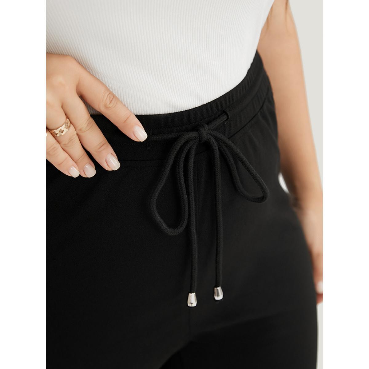 Plus Size Drawstring Elastic Waist Pocket Skinny Leggings Women Black Elegant High stretch Skinny Mid Rise Dailywear Leggings BloomChic 10/M Product Image