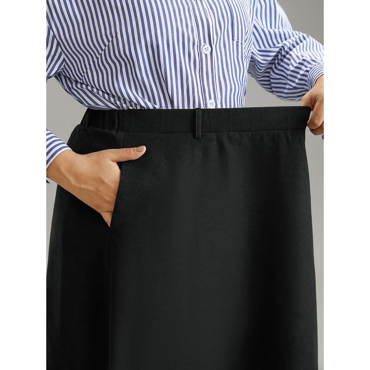 Plus Size Plain Pocket Elastic Waist A-line Skirt Women Black Office A-line No stretch Pocket Work Skirts BloomChic 12/L Product Image