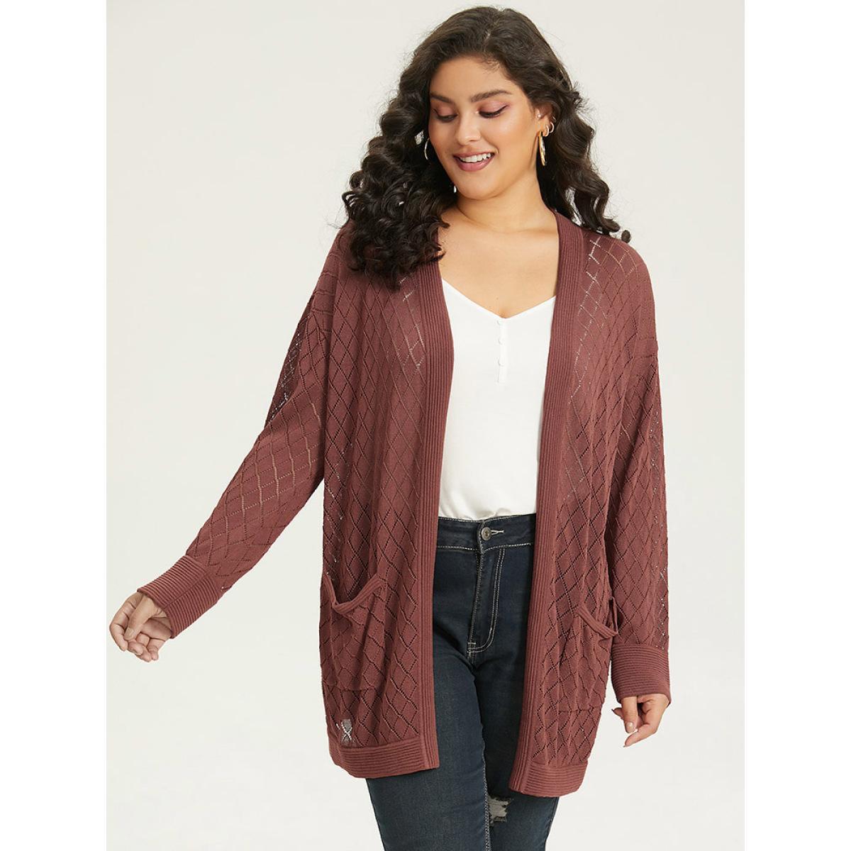 Plus Size Plain Geometric Hollow Out Pocket Cardigan Rust Women Casual Loose Long Sleeve Everyday Cardigans BloomChic 30/6X Product Image