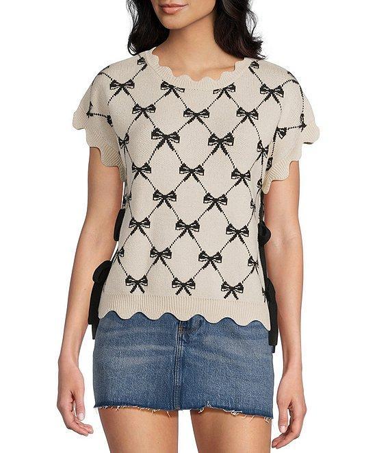 Blu Pepper Bow Pattern Knit Short Sleeve Tie Side Sweater Product Image