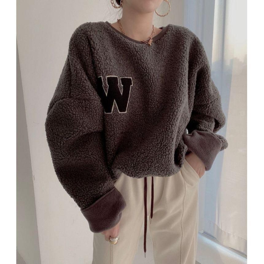 Round Neck Letter Embroidered Faux Shearling Oversized Sweatshirt Product Image