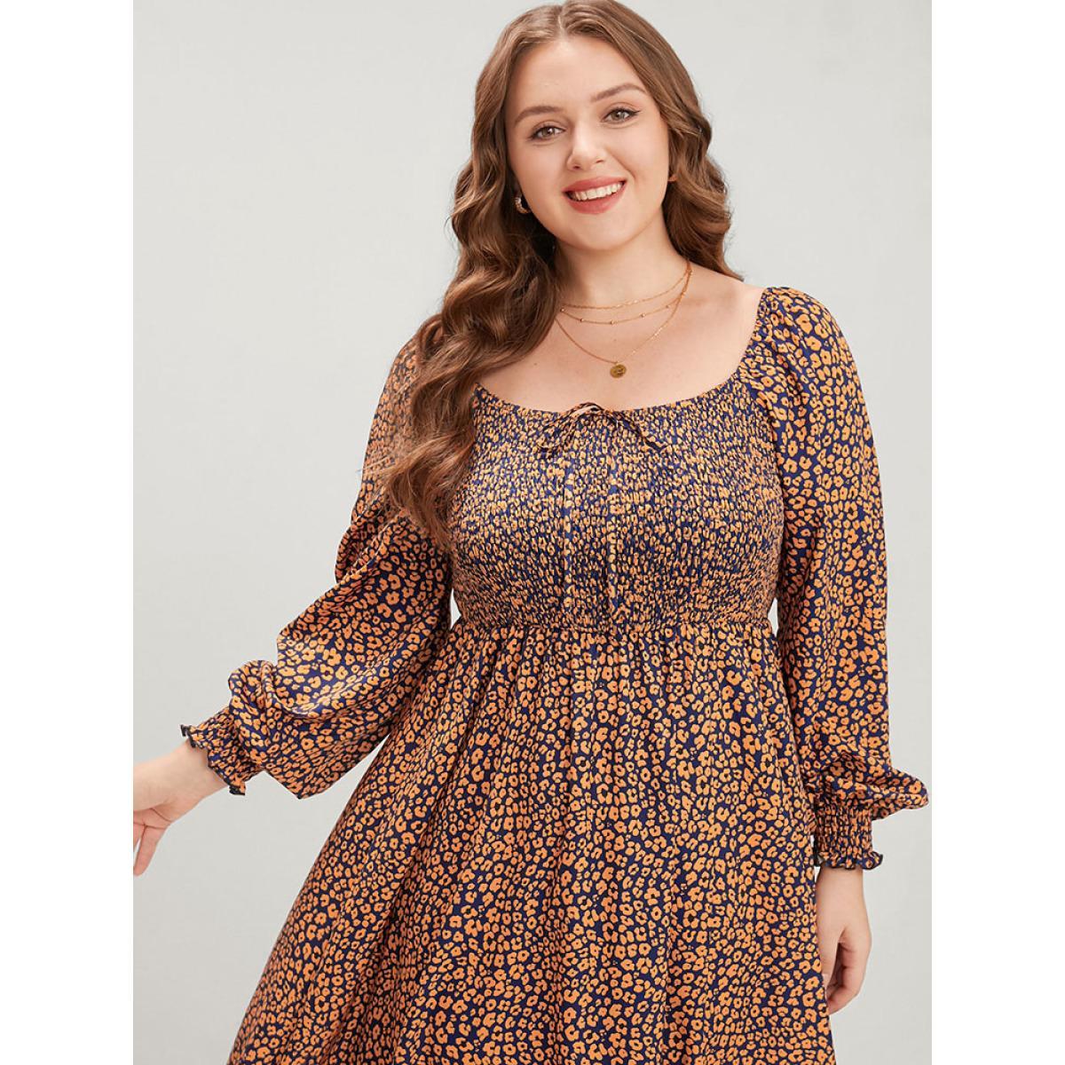 Plus Size Ditsy Floral Pocket Shirred Lantern Sleeve Split Hem Dress Chocolate Women Elegant Shirred Square Neck Long Sleeve Curvy Midi Dress BloomChic 22-24/3X Product Image