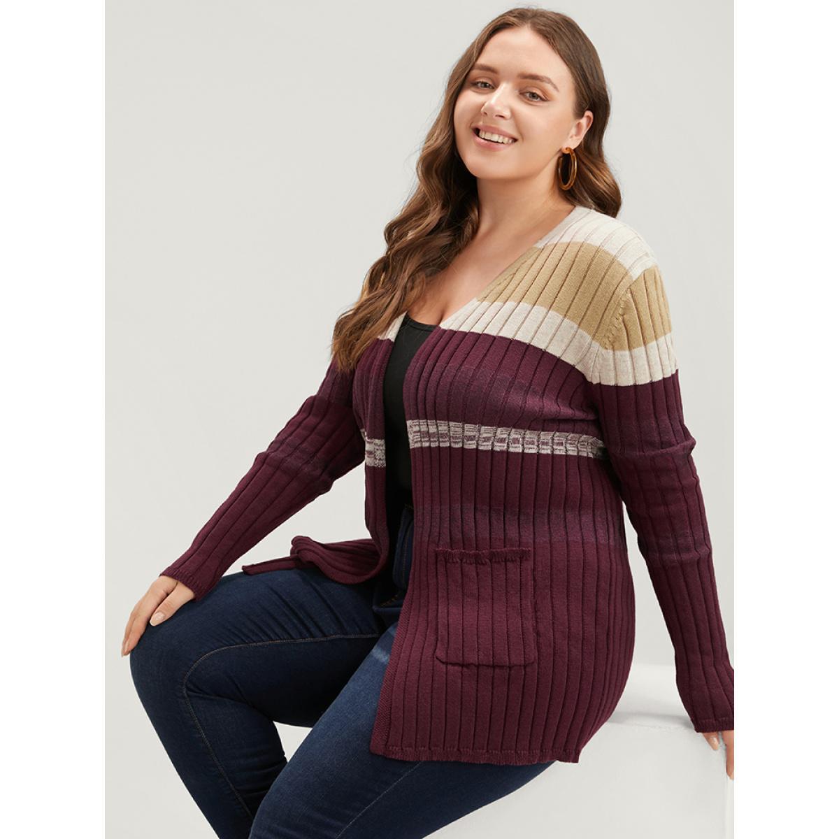 Plus Size Colorblock Contrast Super Soft Rib Knit Pocket Open Front Cardigan Burgundy Women Casual Long Sleeve Dailywear Cardigans BloomChic 10/M Product Image