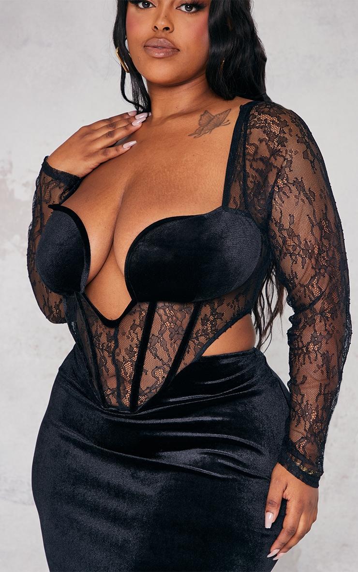 Plus Black Lace Detail Corset Velvet Midaxi Dress Product Image