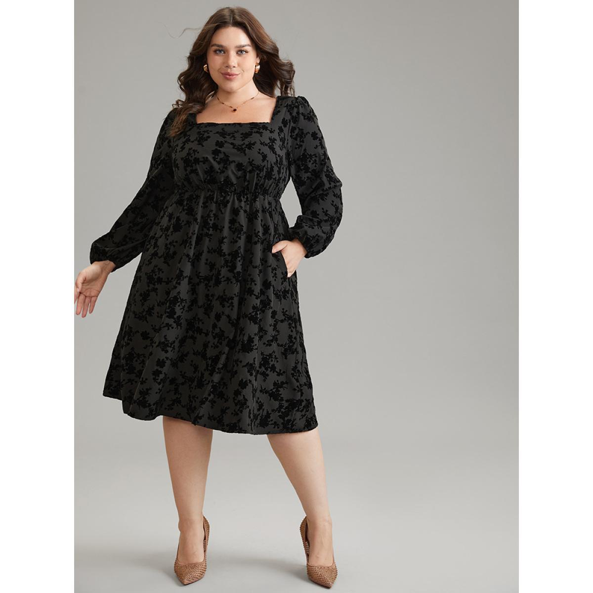 Plus Size Silhouette Floral Print Flocking Square Neck Gathered Dress Black Women Office Elastic cuffs Square Neck Long Sleeve Curvy Midi Dress BloomChic 14-16/1X Product Image