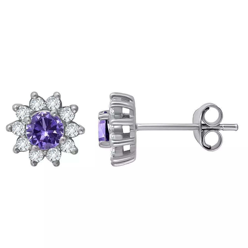 Aleure Precioso Sterling Silver Round with White Topaz Halo Stud Earrings, Women's, Silver Tone Red Product Image