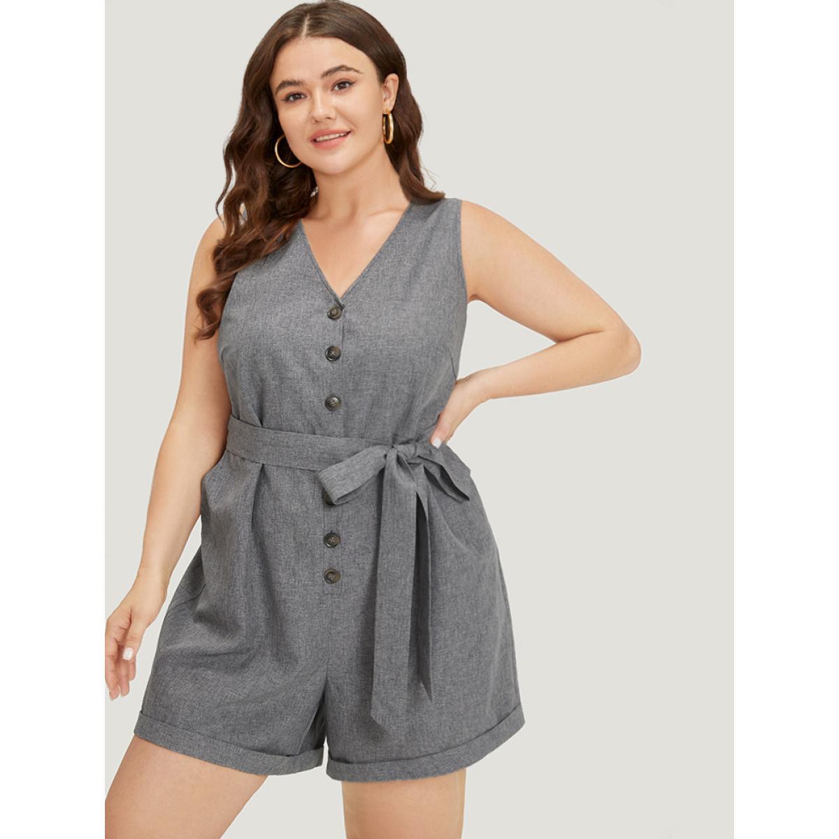 Plus Size DimGray Plain Belted Button Through Roll Hem Tank Jumpsuit Women Office Sleeveless V-neck Work Loose Jumpsuits BloomChic 18-20/2X Product Image