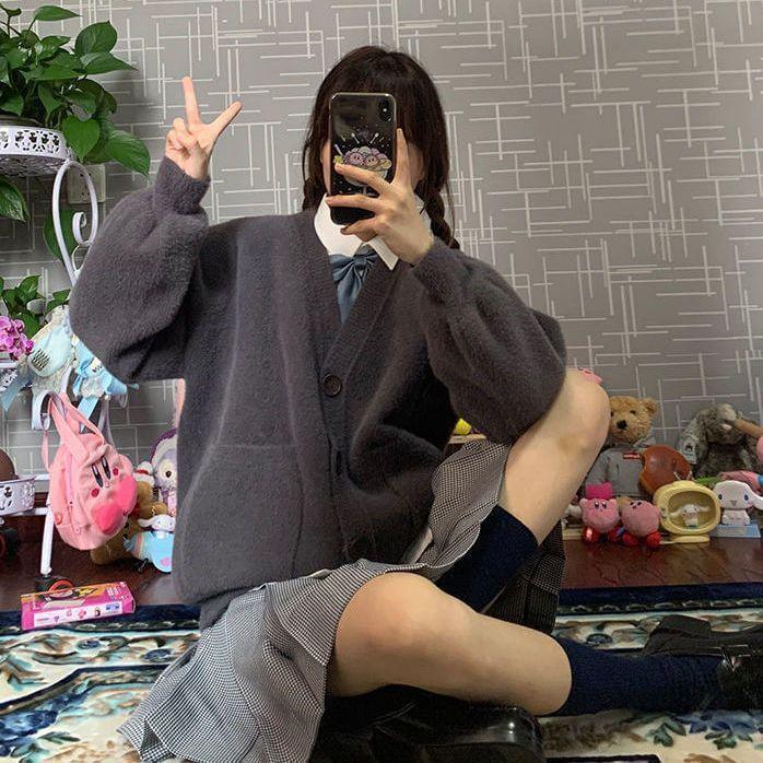 V-Neck Plain Button-Up Cardigan Product Image