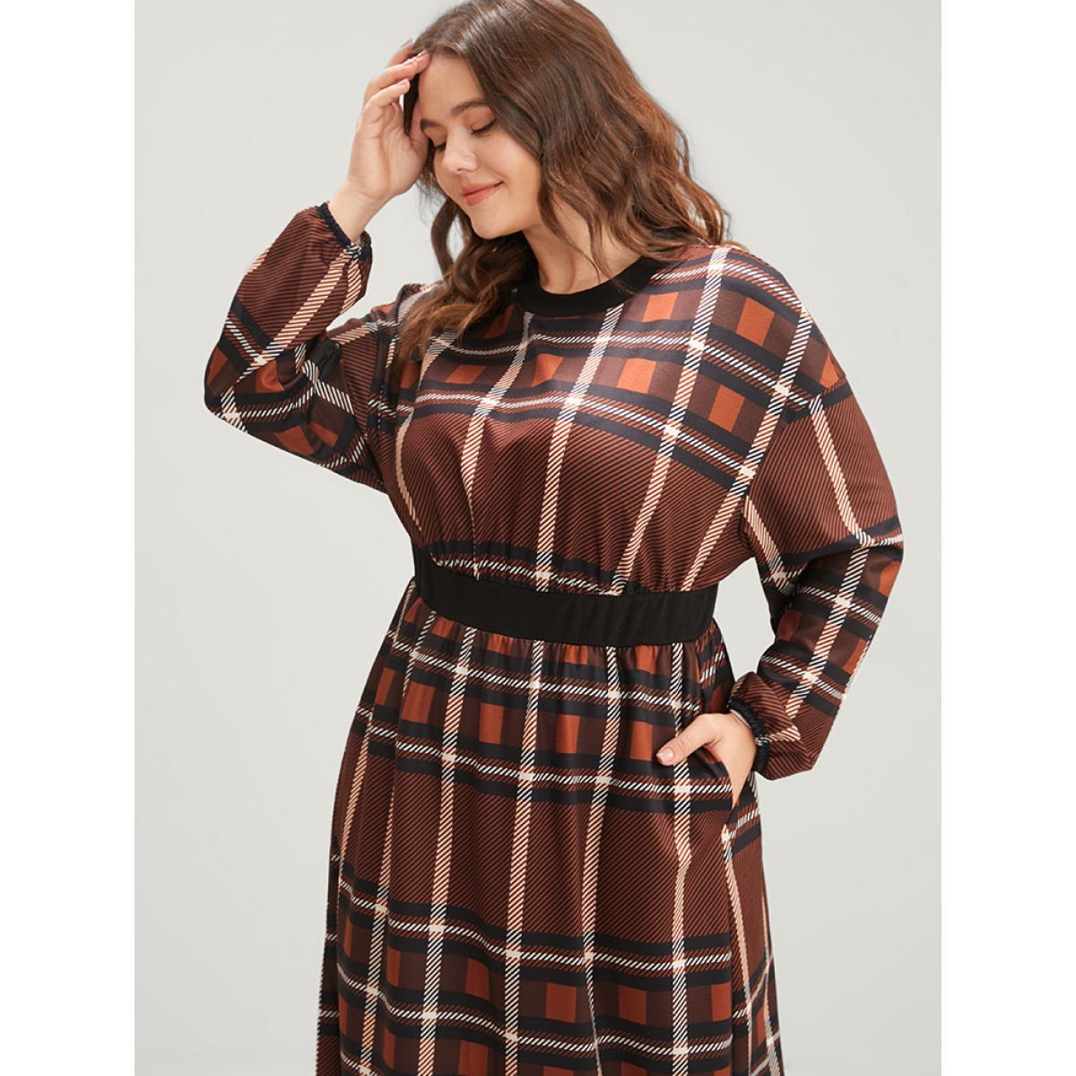 Plus Size Plaid Patchwork Round Neck Lantern Sleeve Pocket Midi Dress Tan Women Casual Patchwork Round Neck Long Sleeve Curvy Midi Dress BloomChic 14-16/1X Product Image