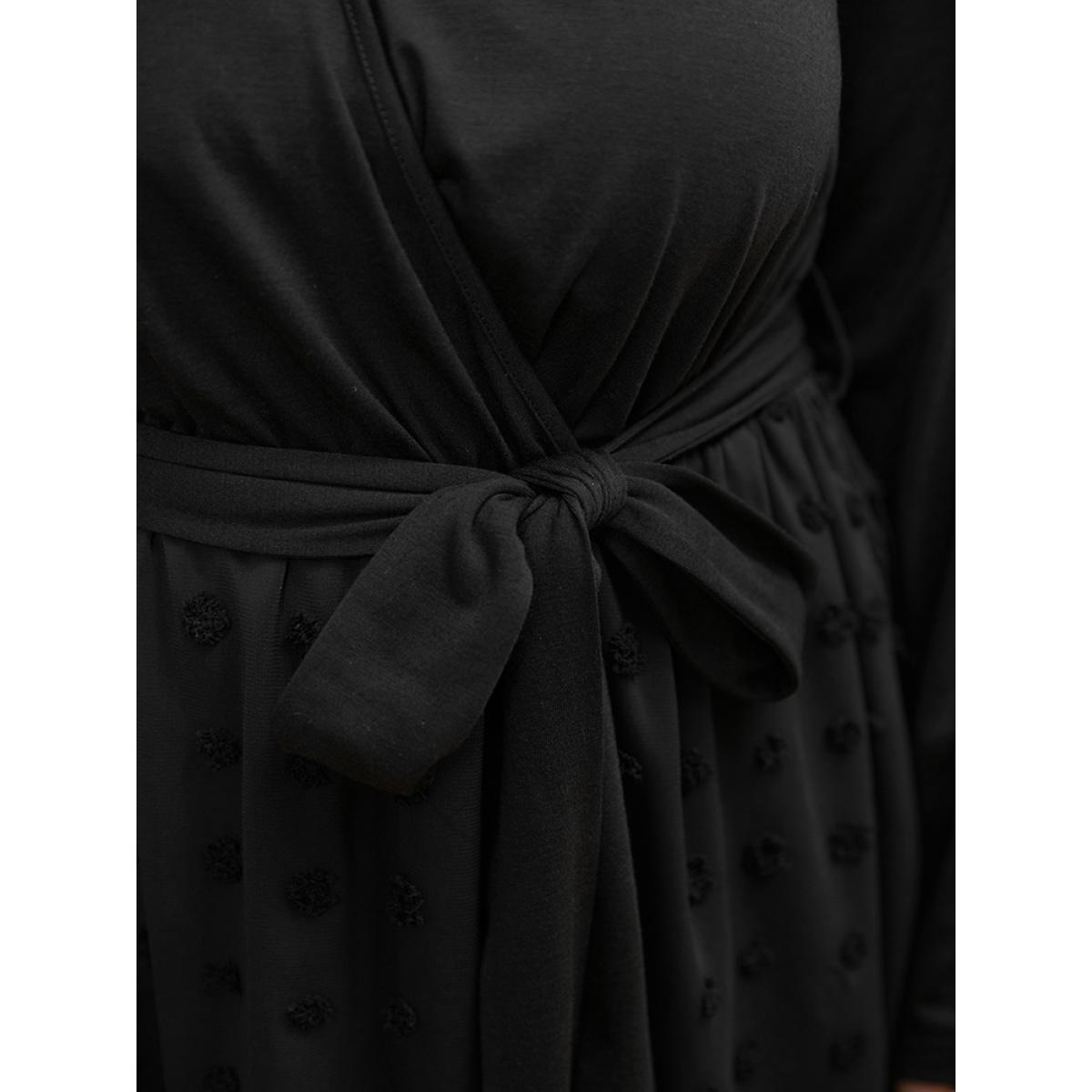 Plus Size Solid Surplice Neck Pocket Mesh Patchwork Belted Dress Black Women Casual Elastic Waist V-neck Long Sleeve Curvy Midi Dress BloomChic 30/6X Product Image