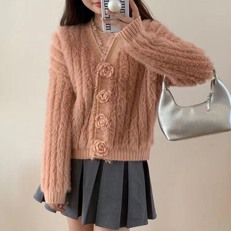 V-Neck Plain Fluffy Flower Button Crop Cardigan Product Image
