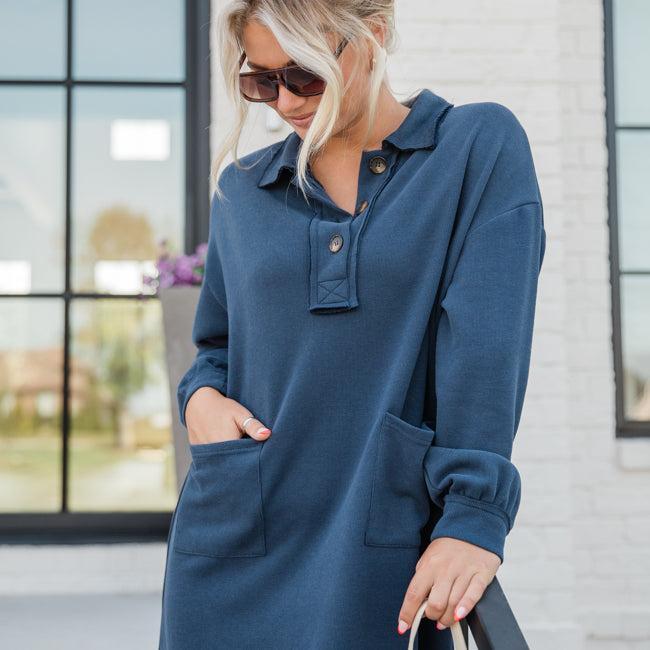 Coffee Chat Navy Button Front Knit Dress FINAL SALE Product Image
