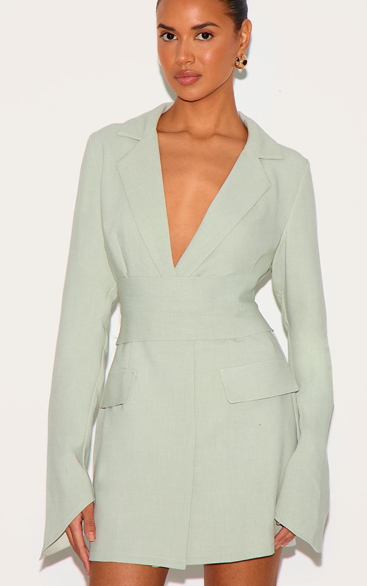 Sage Green Woven Belted Blazer Dress Product Image
