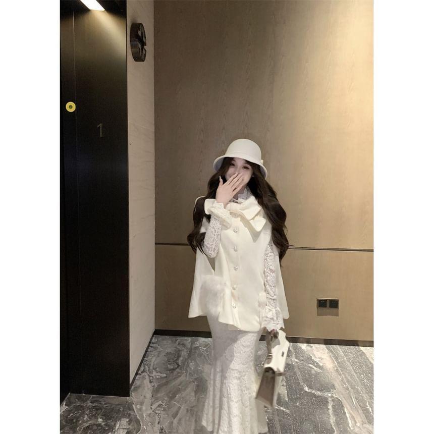 Plain Single-Breasted Coat / Flared-Sleeve Floral Lace Maxi Mermaid Dress Product Image