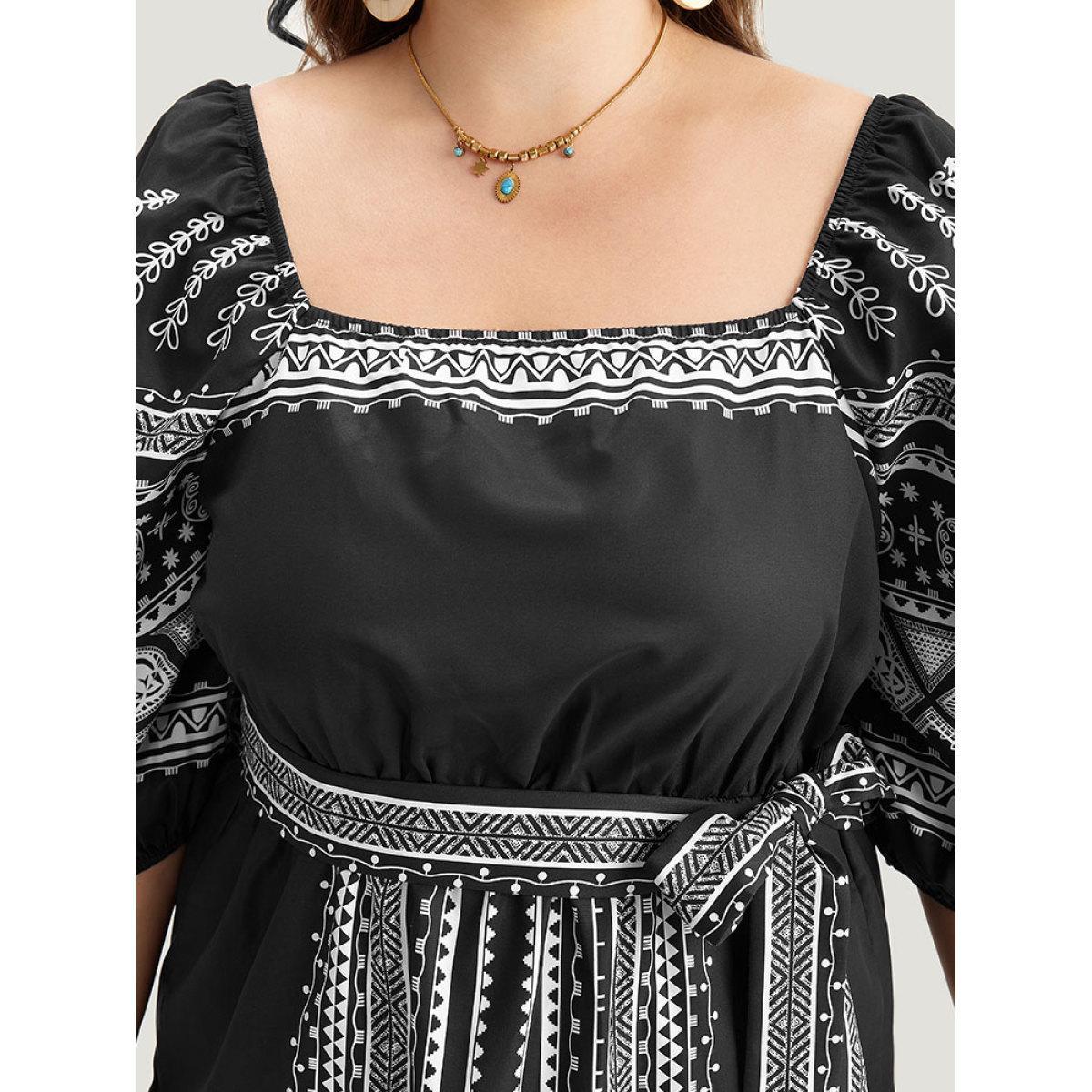 Plus Size Boho Print Square Neck Belted Dress Black Women Vacation Elastic cuffs Square Neck Elbow-length sleeve Curvy Midi Dress BloomChic 18-20/2X Product Image