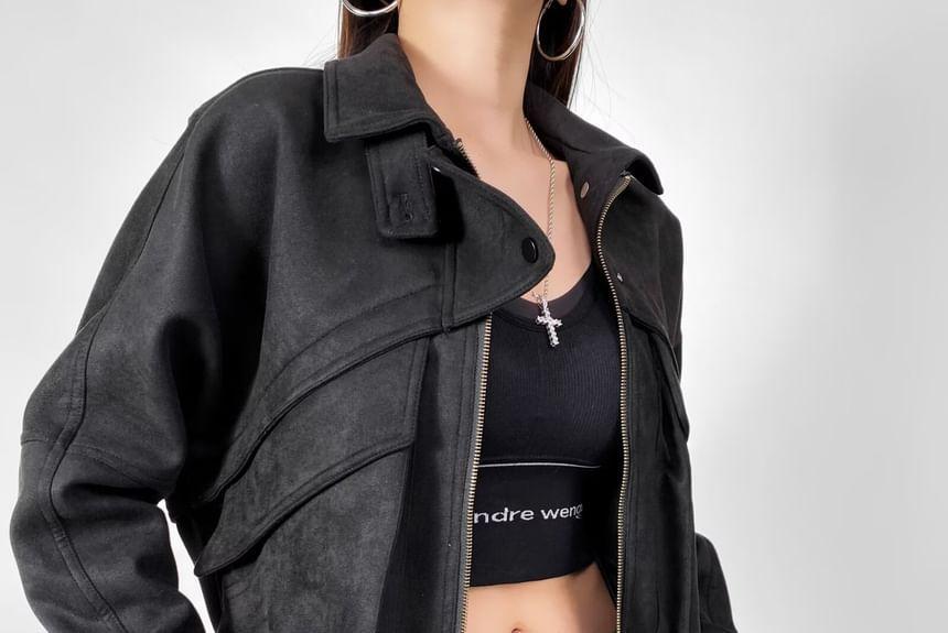 Collared Plain Panel Faux Suede Zip Jacket Product Image