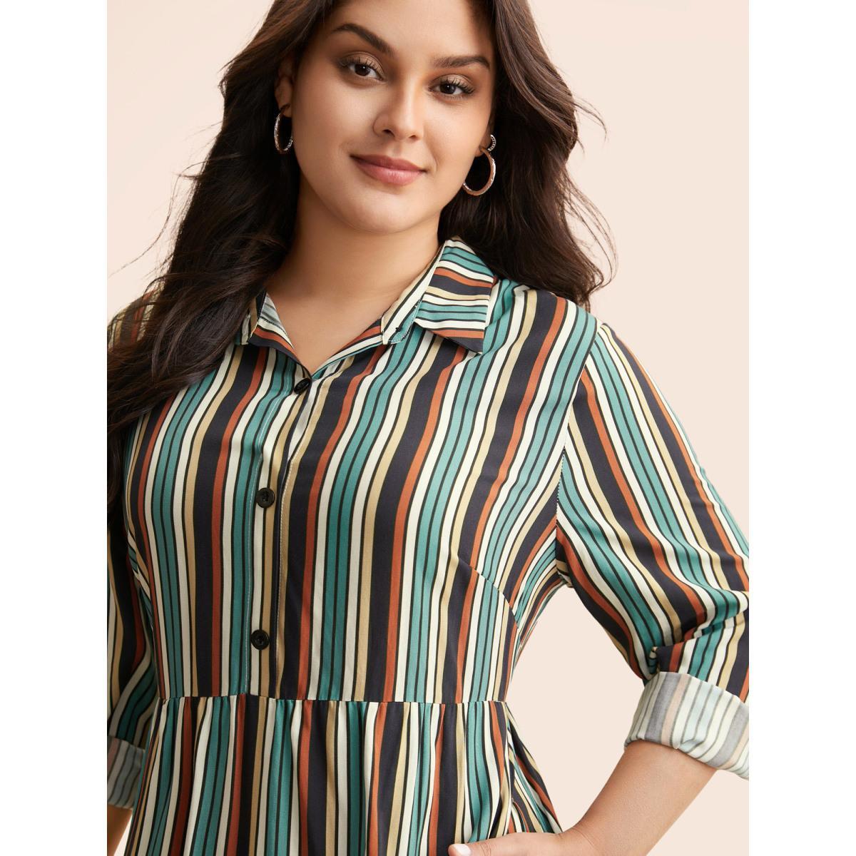 Plus Size Shirt Collar Contrast Striped Midi Dress Multicolor Women Casual Button Shirt collar Long Sleeve Curvy BloomChic 10/M Product Image