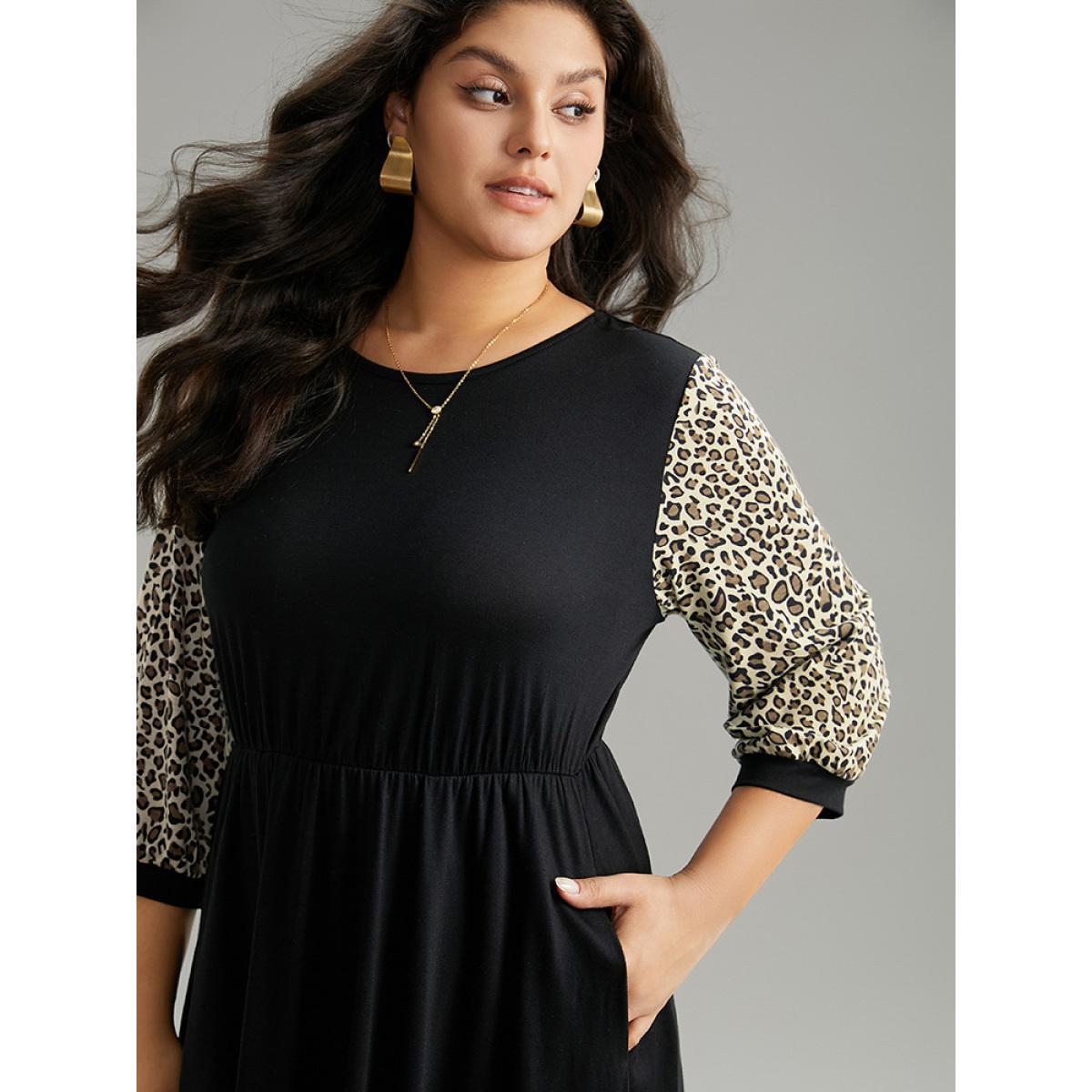 Plus Size Leopard Patchwork Pocket Elastic Waist Dress Black Women Casual Printed Round Neck Elbow-length sleeve Curvy Midi Dress BloomChic 28/5X Product Image