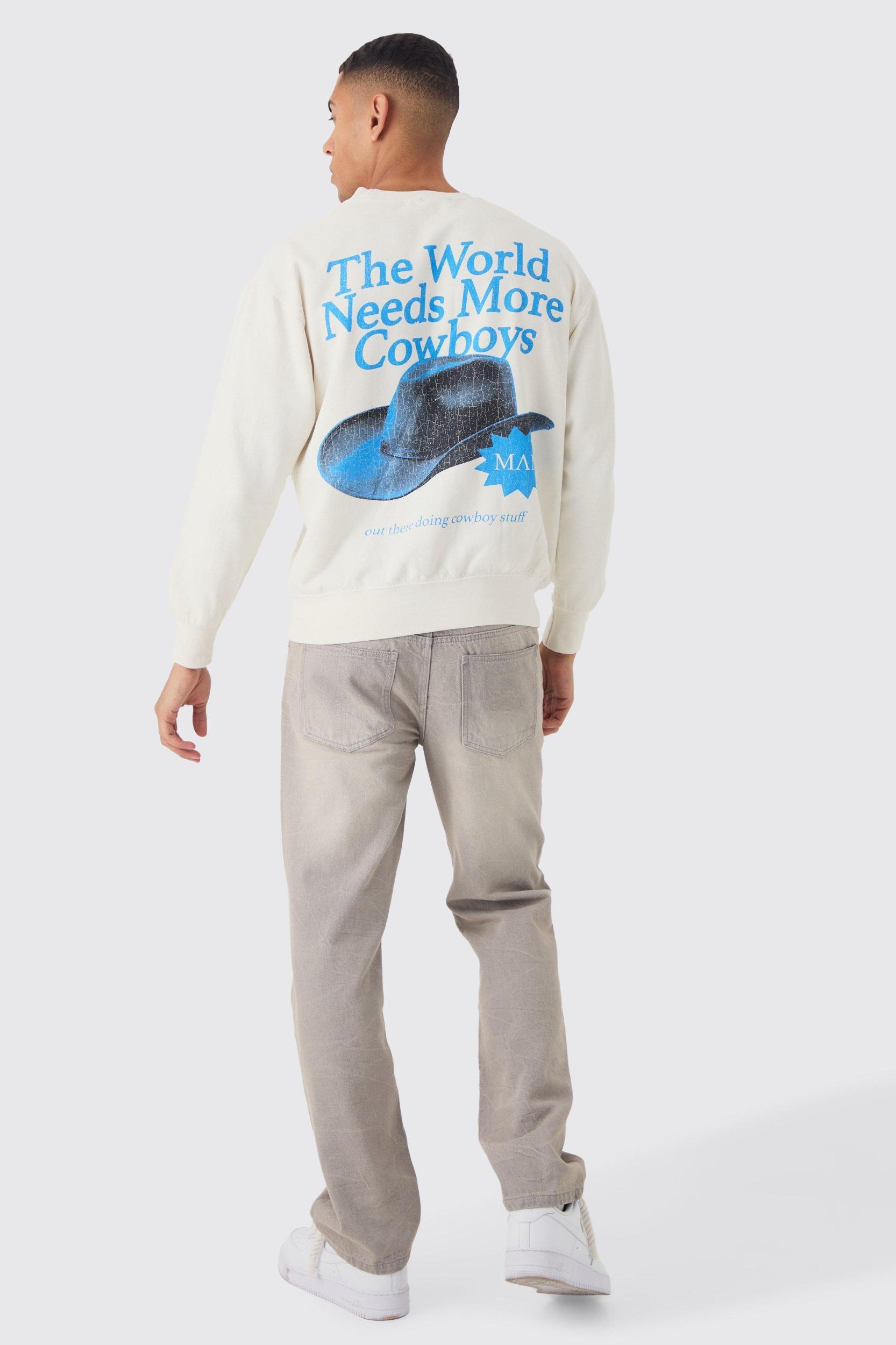 Regular Fit Retro Western Cowboy Hat Graphic Washed Sweatshirt | boohooMAN USA Product Image