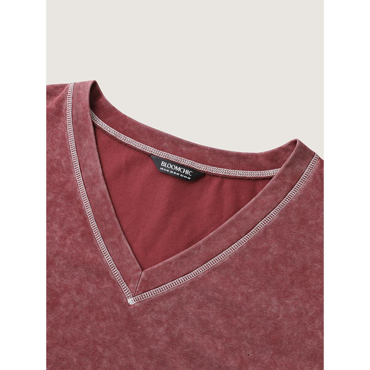 Plus Size Vintage Stretchy V-Neck T-Shirt Russet Women Topstitching V-neck Everyday-Casual T-shirts BloomChic 30/6X Product Image