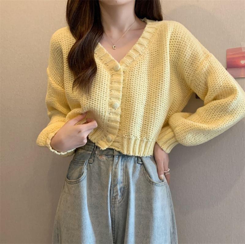 Puff-Sleeve V-Neck Plain Cropped Cardigan Product Image