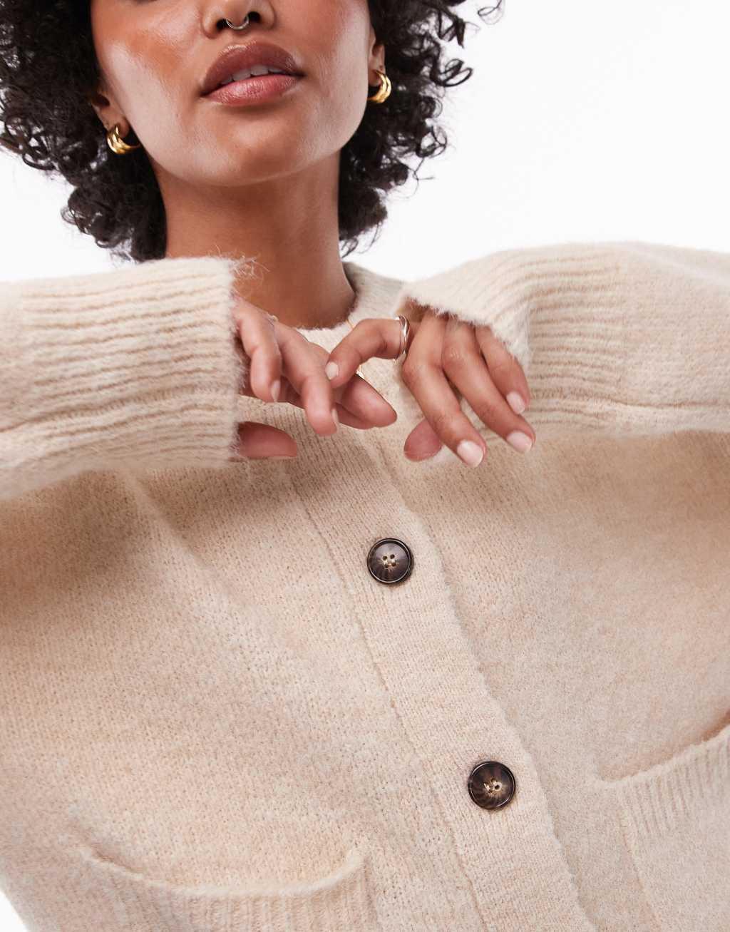 Topshop knit relaxed exposed seam crew cardigan with pockets in cream Product Image