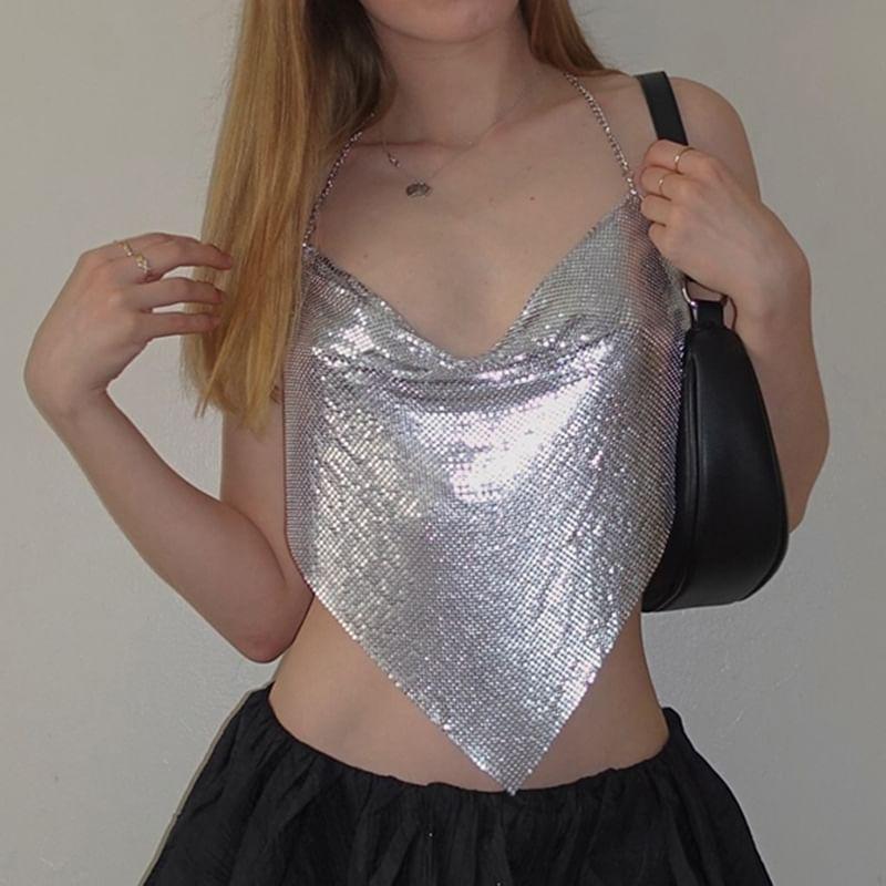 Halter-Neck Chain Strap Glitter Asymmetric-Hem Cami Top Product Image