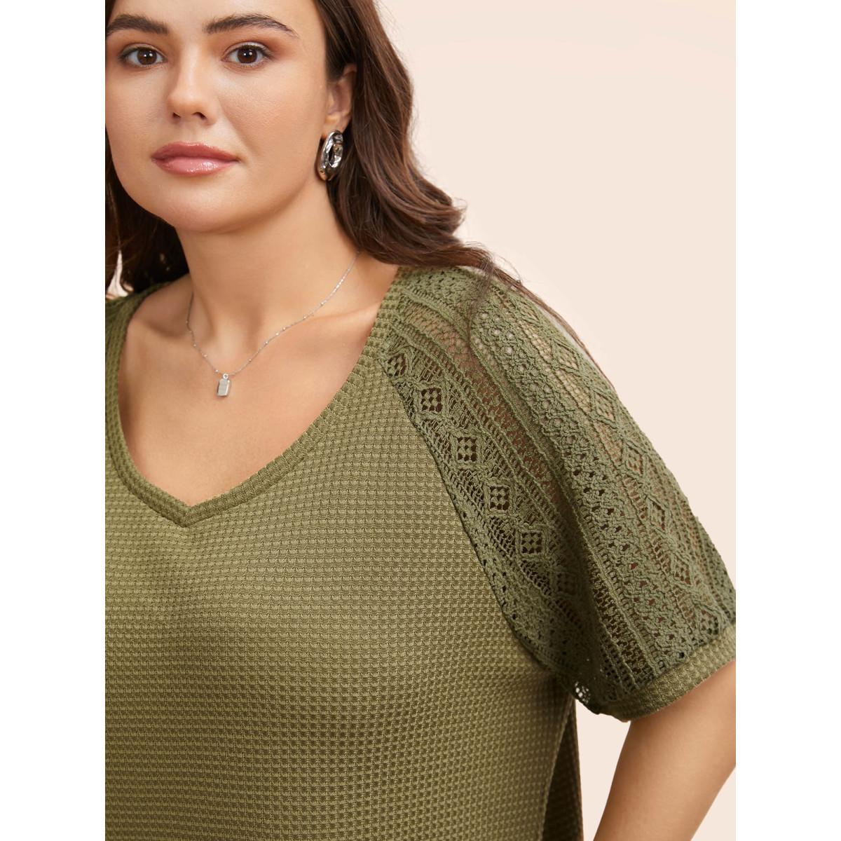 Plus Size V Neck Waffle Knit Crochet Lace T-shirt Olive Women Casual Texture V-neck Everyday T-shirts BloomChic 18-20/2X Product Image
