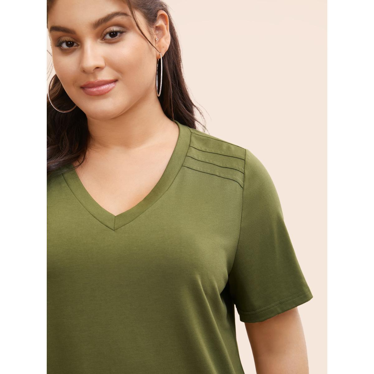 Plus Size V Neck Pleated Stretchy T-shirt ArmyGreen Women Casual Pleated V-neck Everyday T-shirts BloomChic 18-20/2X Product Image