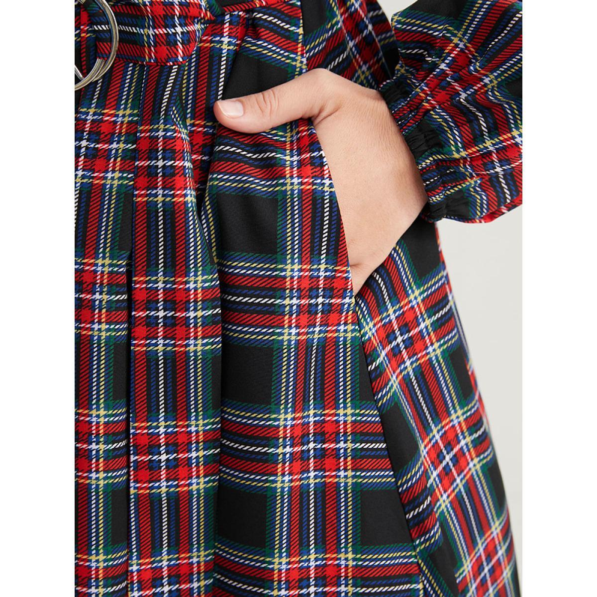 Plus Size Tartan Lantern Sleeve Pocket Belted Midi Dress Russet Women Elegant Elastic Waist Lapel Collar Long Sleeve Curvy Midi Dress BloomChic 12/L Product Image