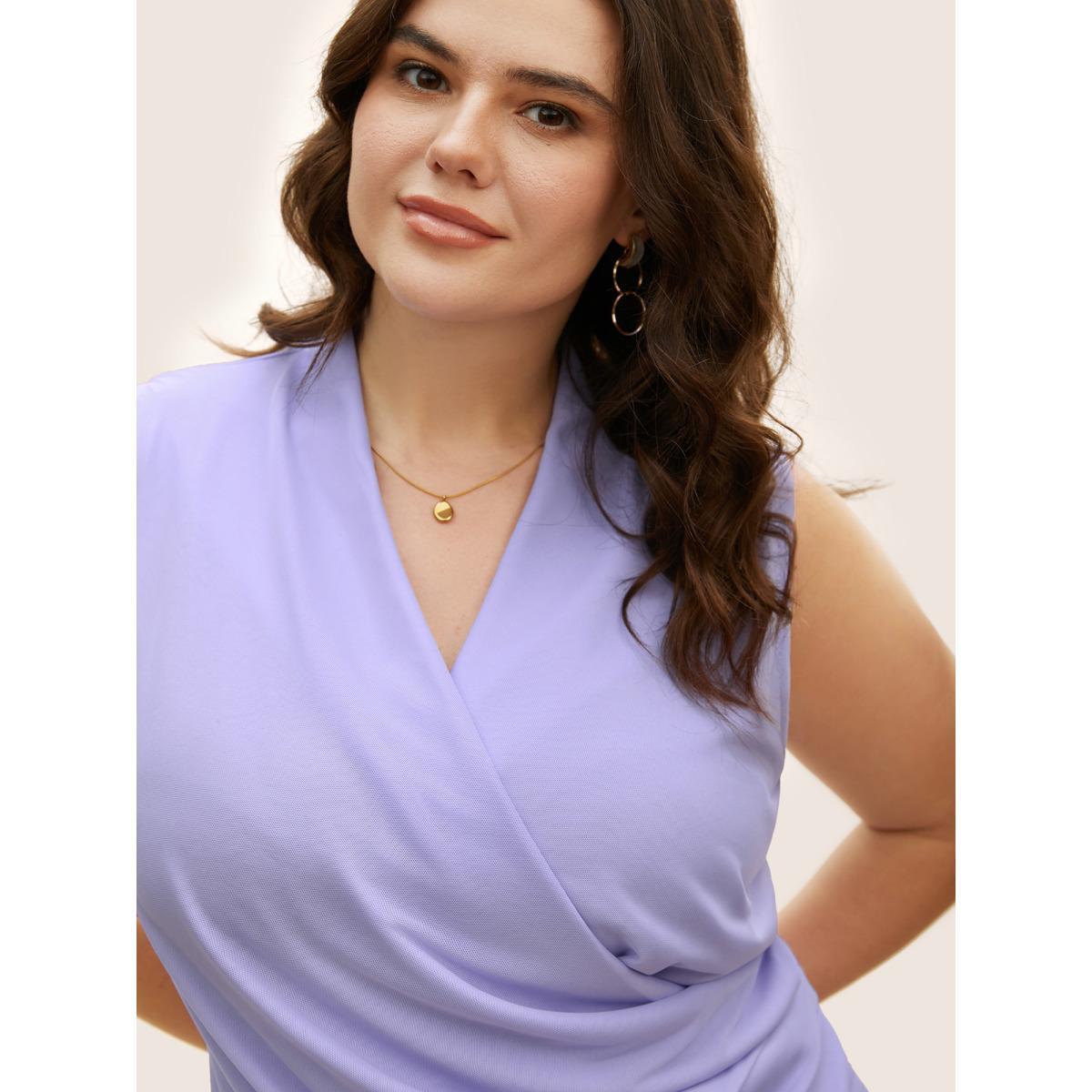Plus Size Overlap Collar Solid Pleated Tank Top Women Lavender Elegant Pleated Overlap Collar Everyday Tank Tops Camis BloomChic 14-16/1X Product Image