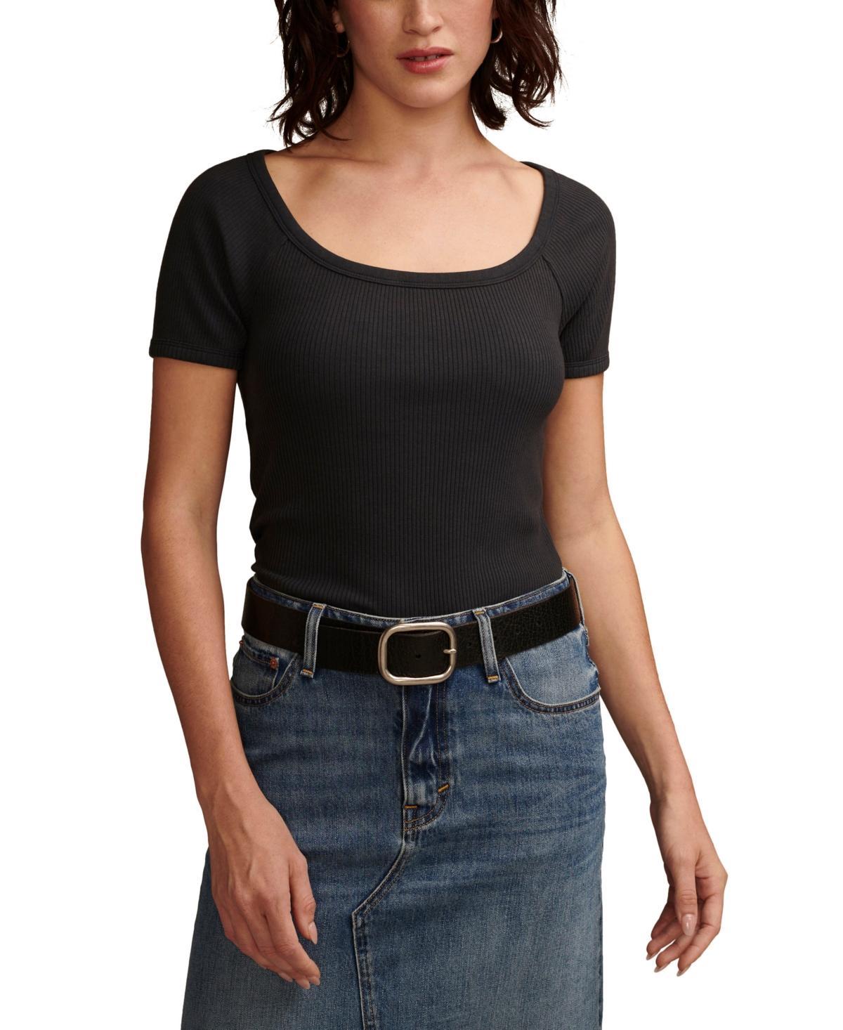 Lucky Brand Short Sleeve Rib Knit Top (Jet ) Women's Clothing Product Image