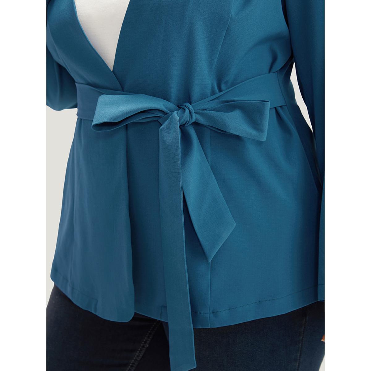 Plus Size Solid Belted Knot Blazer Cerulean Women Dailywear Plain Plain Sleeve Long Sleeve Open Front 12/L Belt Casual Blazers BloomChic Product Image