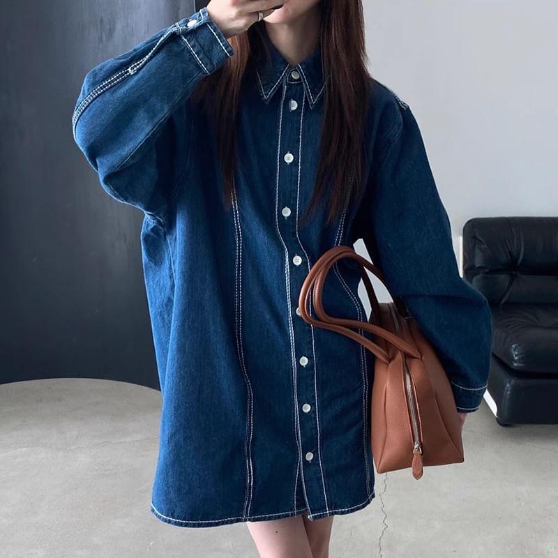 Long-Sleeve Denim Mini Shirt Dress Product Image