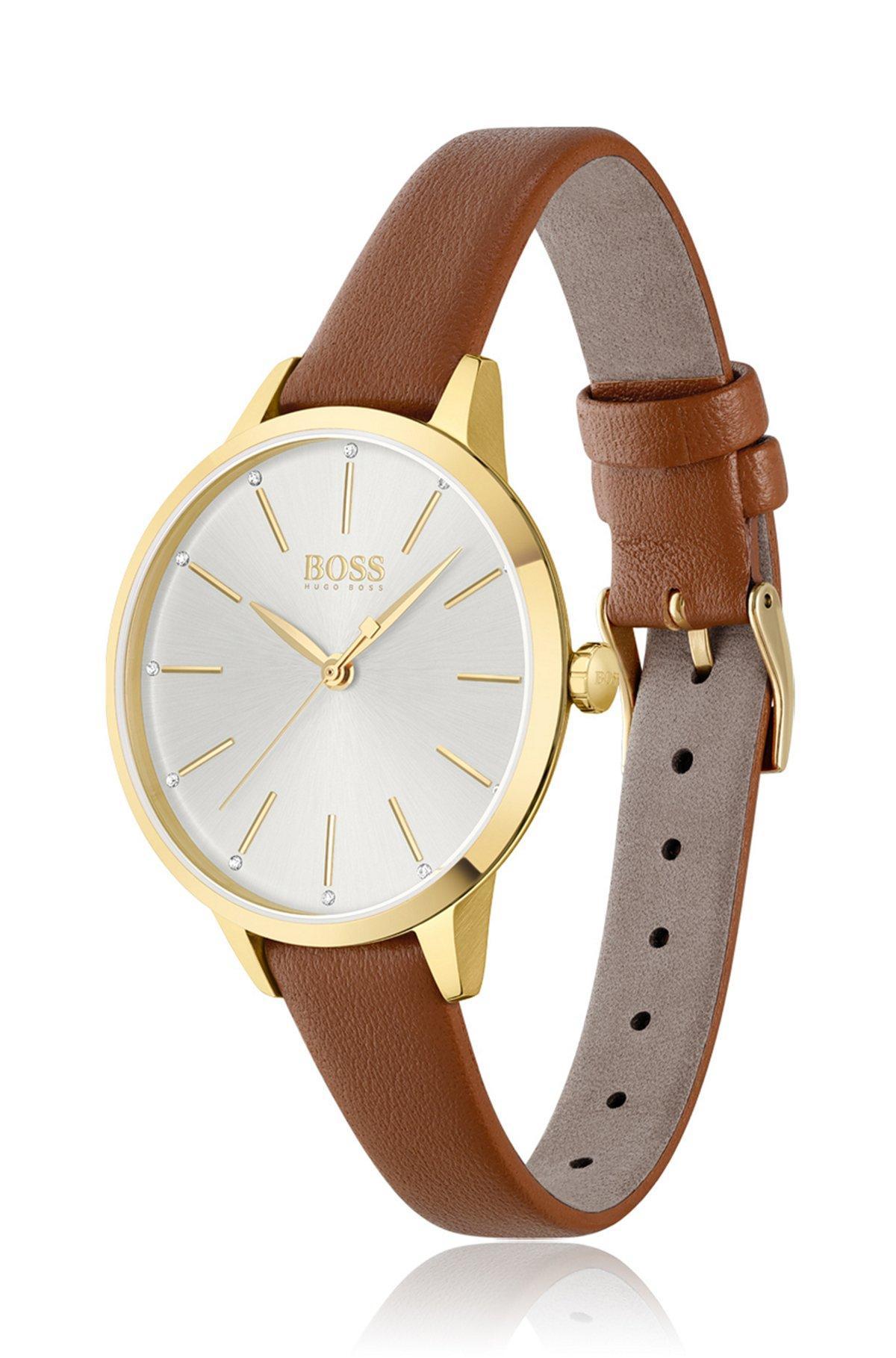 BOSS - Gold-toned watch with crystal accents and leather strap Product Image