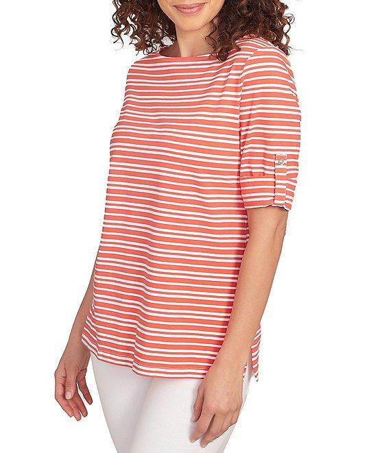 Ruby Rd. Knit Stripe Boat Neck Short Roll-Tab Sleeve Top Product Image
