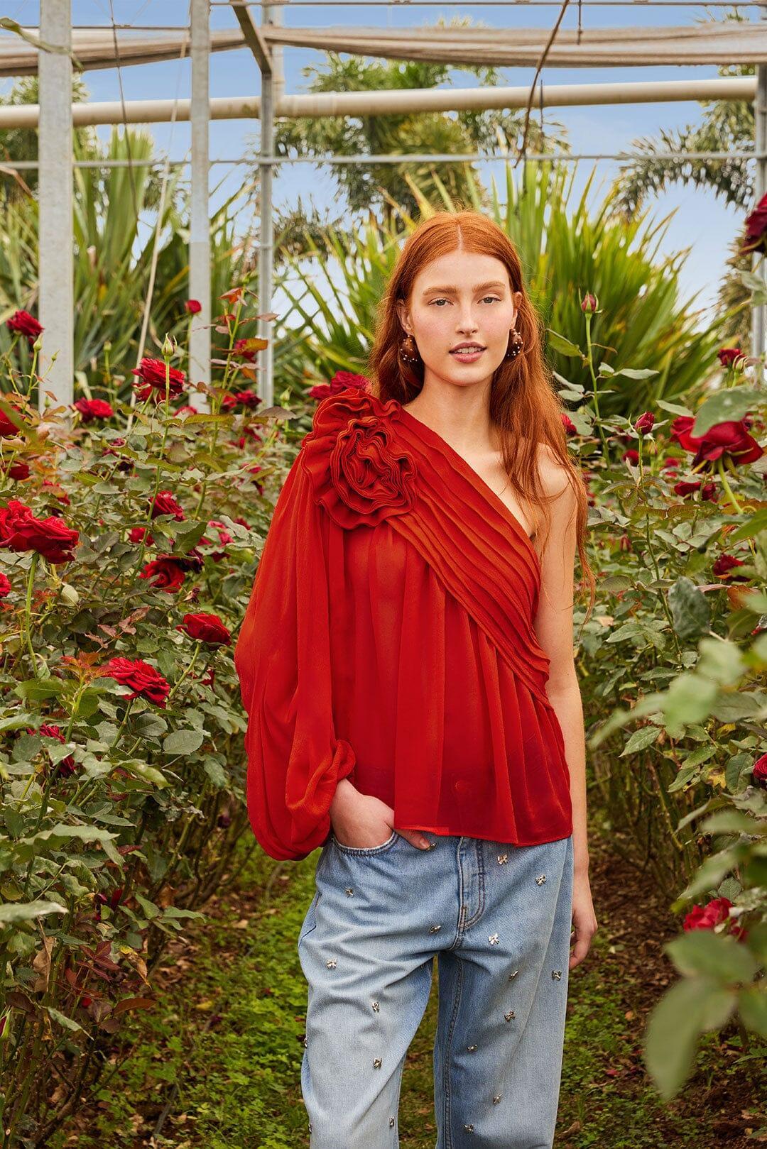 Womens Rose One-Shoulder Blouse Product Image