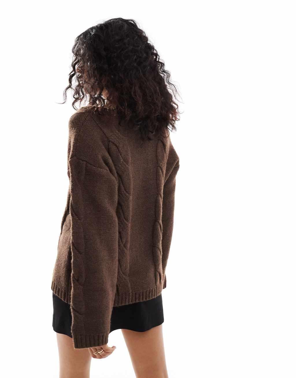 SNDYS premium asymmetric v neck cable knit sweater in mocha Product Image