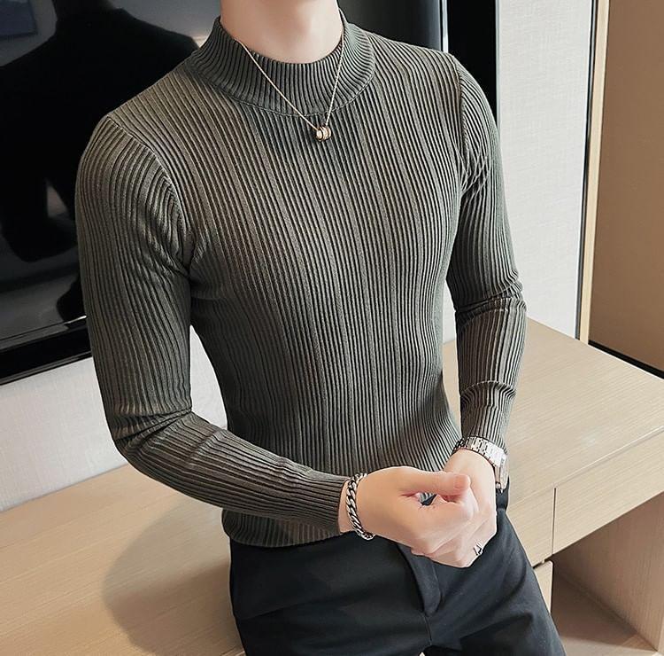 Long Sleeve Mock Neck Plain Ribbed Knit Top Product Image