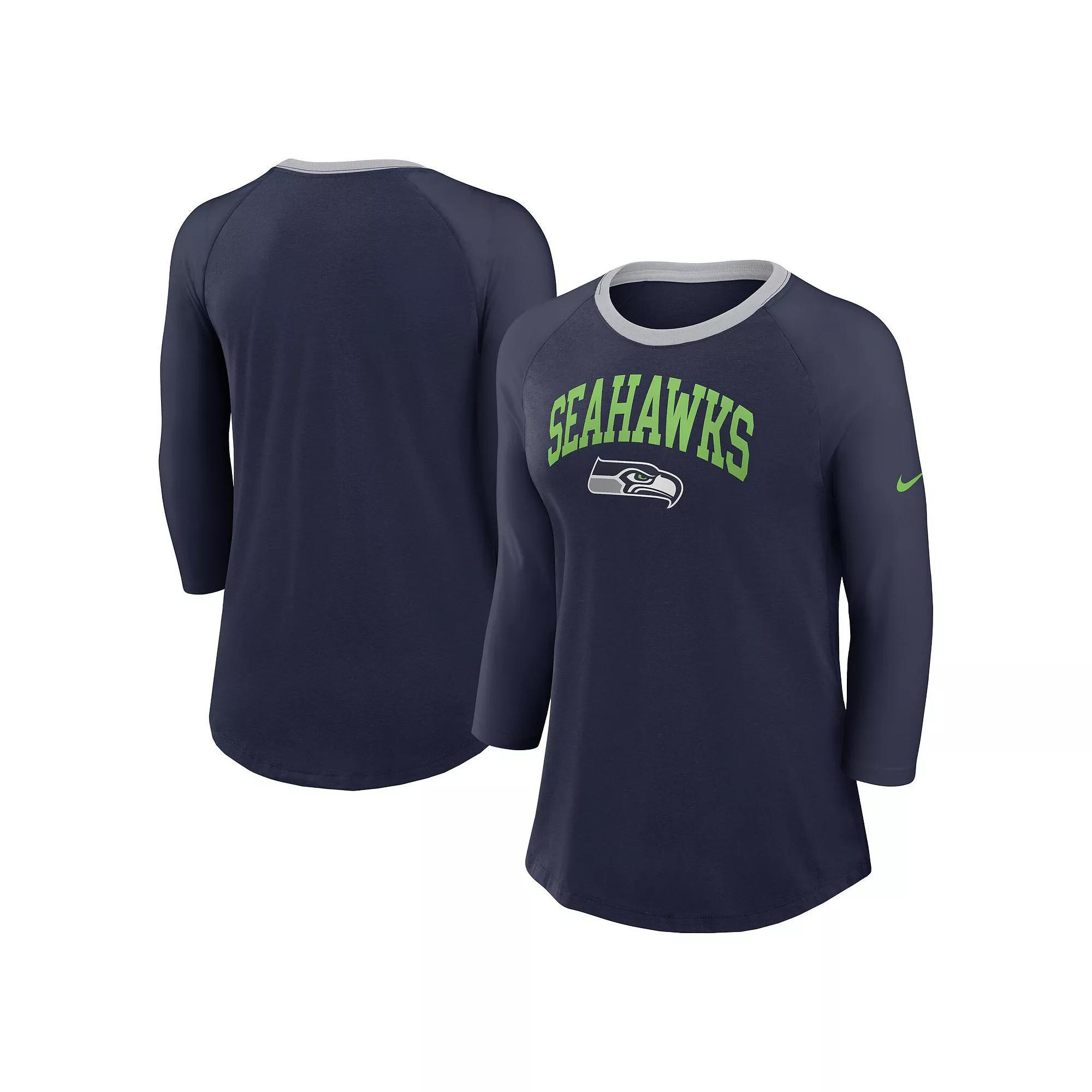 Women's Nike College Navy Seattle Seahawks Raglan 3/4 Sleeve T-Shirt, Size: Small, Blue Product Image