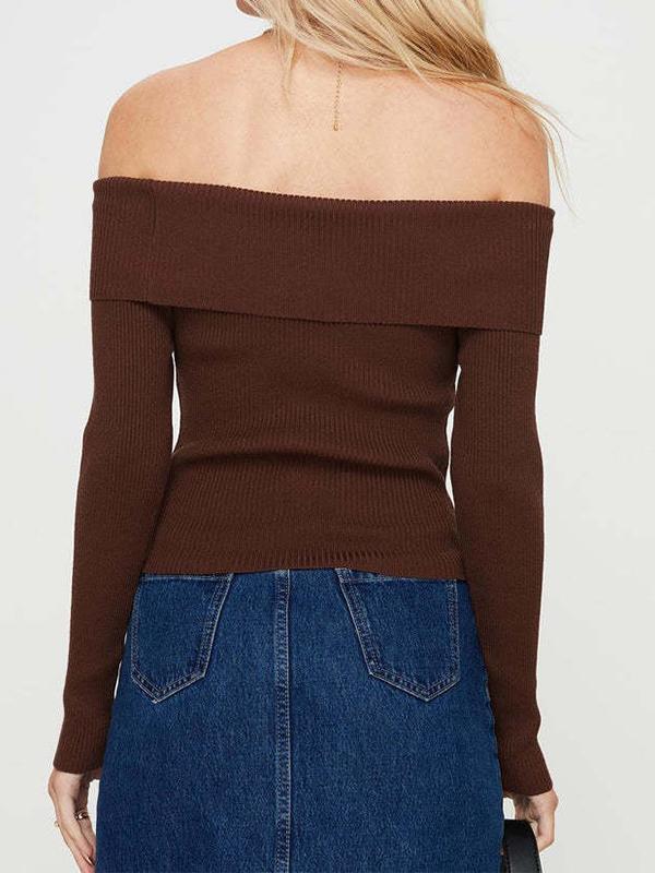 Solid Off Shoulder Lapel Neck Sweater Product Image