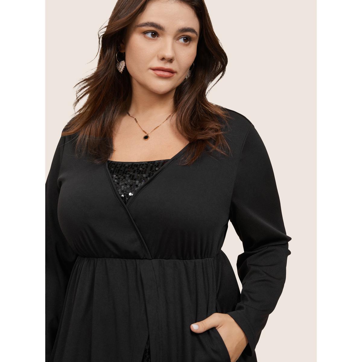 Plus Size Plain Sequin Patchwork Elastic Waist Dress Black Women Glamour Sequin Square Neck Long Sleeve Curvy Midi Dress BloomChic 12/L Product Image